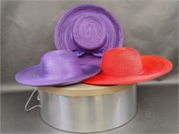 Set Of Three Purple & Red Summer Straw Hats