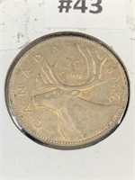 1947 Maple Leaf Canada Silver 25 cent piece