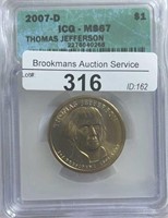 2007D Thomas Jefferson Dollar ICG MS67