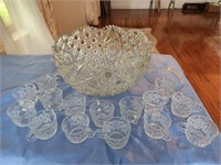 Vintage American Cut Glass Punch Bowl N Cups.