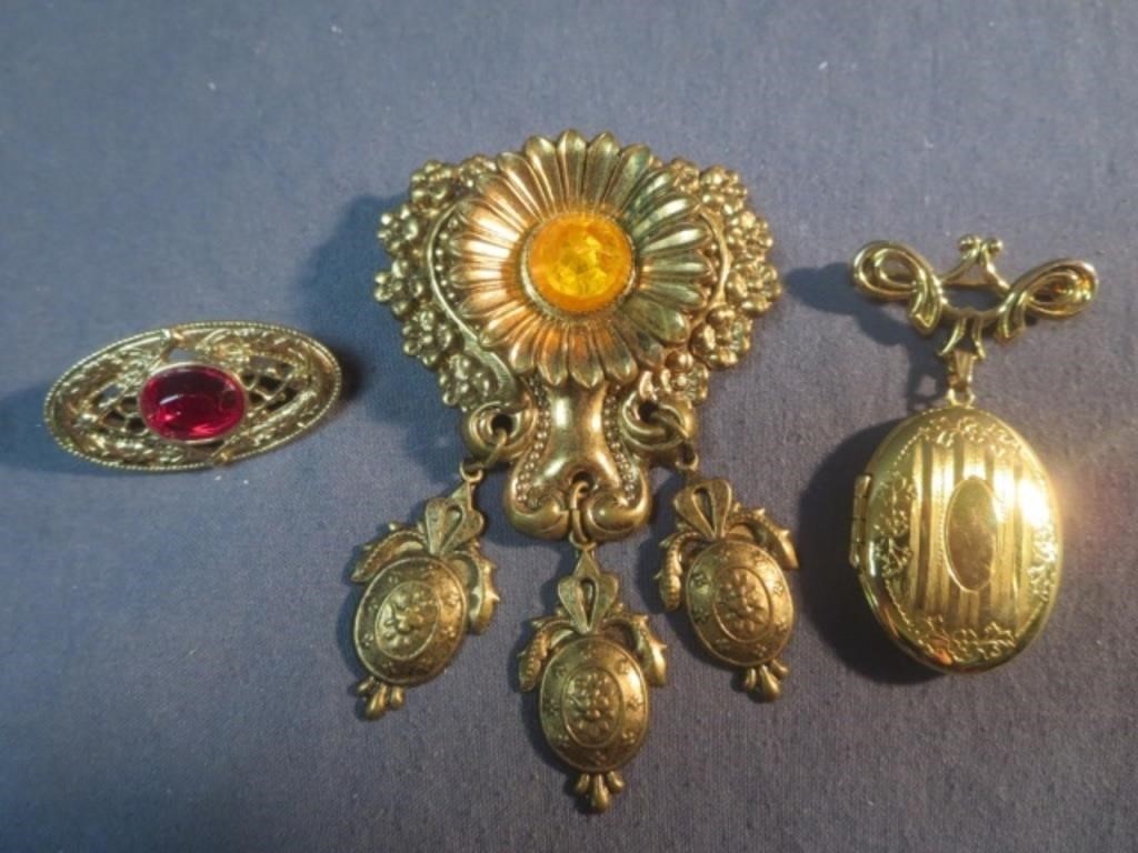 3 Vintage-Gold Tone Colored Pins