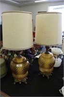 Pair of Vintage Amber Glass Table Lamps & Shades