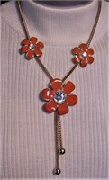 POPPY Flower Necklace 3 Flowers w/Rhinestone r