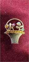 Vintage flowers in basket brooch