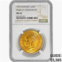 1955 DOM.REP. 30 Pesos .8571oz. Gold NGC MS62