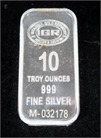One 10 Troy ounce .999 Fine silver bar, IGR
