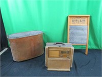 Vintage radio,copper tub, washboard