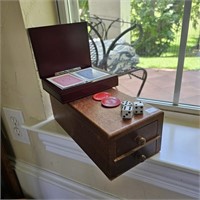 Wood Poker Chip Box W Chips, Playing Cards in Case