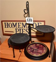 Wrought iron plate stand with sign & clock