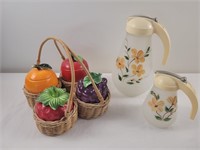 Fruit themed condiment pieces/2 painted pitchers