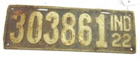 1922 Indiana License Plate