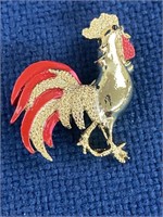 Signed Gerrys Brooch/Pin Gold tone Rooster Red