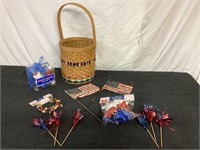 C7)  fourth of July basket with flags garland,