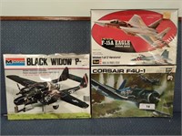 3 NIB vintage model kits, F4U-1, F-15A, P-38