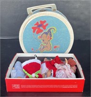 (E) Box Of Small Plastic Dolls And Round Blue