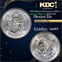 1952 Mexico 25 Centavos Silver Santos Collection K