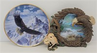 (2) Eagle Collector Plates & An Owl Statue