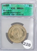2007 MS 64 (ICG) $1 Mint Error Washington Missing
