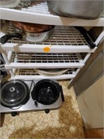 WHITE RACK AND CONTENTS OF BOTTOM - CROCKPOTS
