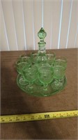 TIARA CHANTILLY GREEN GLASS DECANTER/WINE GLASSES