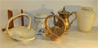 Baskets, Silver Plate Tea Pot, Vase and Other