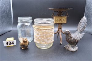 Decor lot birds & glass & candle holder