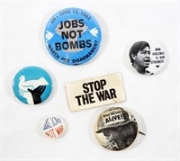 (6) ANTI-WAR BUTTONS / SLOGAN TAGs