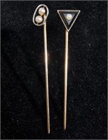 PAIR OF 14K GOLD & SEED PEARL & ONYX STICK PINS