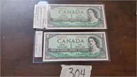 2 - Canada One Dollar Bill 1954