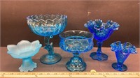 5 Blue Glass Pedestal Dishes. NO SHIPPING