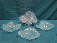 4 Teal Opalescent Oyster Shell Art Glass Dishes