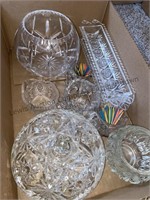 Box of clear cut glass covered candy dish and