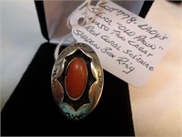 SILVE OLD PAWN NAVAJO RED CORAL SHADOW BOX RING