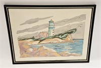 VTG FRAMED WATERCOLOR SEA SCAPE LIGHT TOWER VIEW
