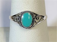 .925 Silver Green Turquoise Filigree Ring Sz 8  A