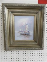 FRAMED OIL ON CANVAS-BOATS-SIGNED 18"T X 16"W
