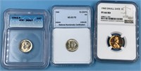3 Graded coins:  1953 S silver dime MS67 by ICG, 1