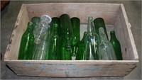 WOODEN PEAR CRATE W/GLASS BOTTLES