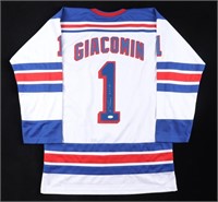 Eddie Giacomin Signed Jersey Inscribed "H.O.F. 87