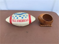 FOOTBALL PLANTER AND OLD TOY FOOTBALL