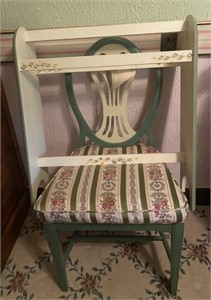 Painted Wood Chair w/ Floral Cushion & Quilt Rack