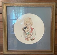 Vtg. Framed Drawing of Child Holding Pinocchio