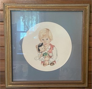 Vtg. Framed Drawing of Child Holding Pinocchio