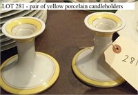 pair of old yellow unmarked porcelain candlesticks