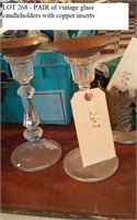 PAIR of vintage glass candleholders w copper tops