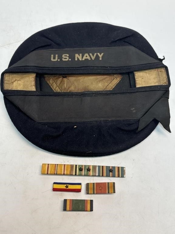 WWII US Navy Wool Beret & 4 US Army Ribbon Bar