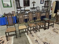 FIVE ANTIQUE CARVED MAHOGANY DINING CHAIRS