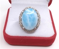 Sterling Silver Natural Larimar & White Topaz Ring