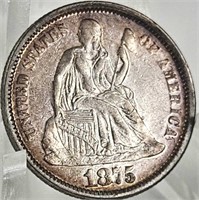 Nice 1875-P Seated LIberty Silver Dime XF/AU