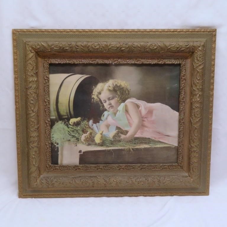 Farm Girl w / Chicks Painted Photo - Victorian